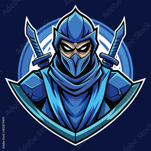 A knight mascot holding a sword in his hand, ready for battle, Artistic Rendering of the Blue Ninja Assassin, Logo, Mascot