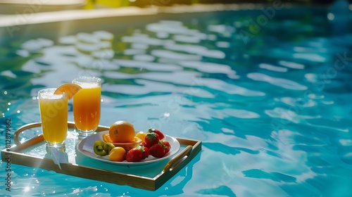 Breakfast tray in swimming pool floating breakfast in luxury hotel Tropical beach lifestyle Resort swimming pool floating breakfast in luxurious mood smoothies and fruit plate Exotic s : Generative AI photo