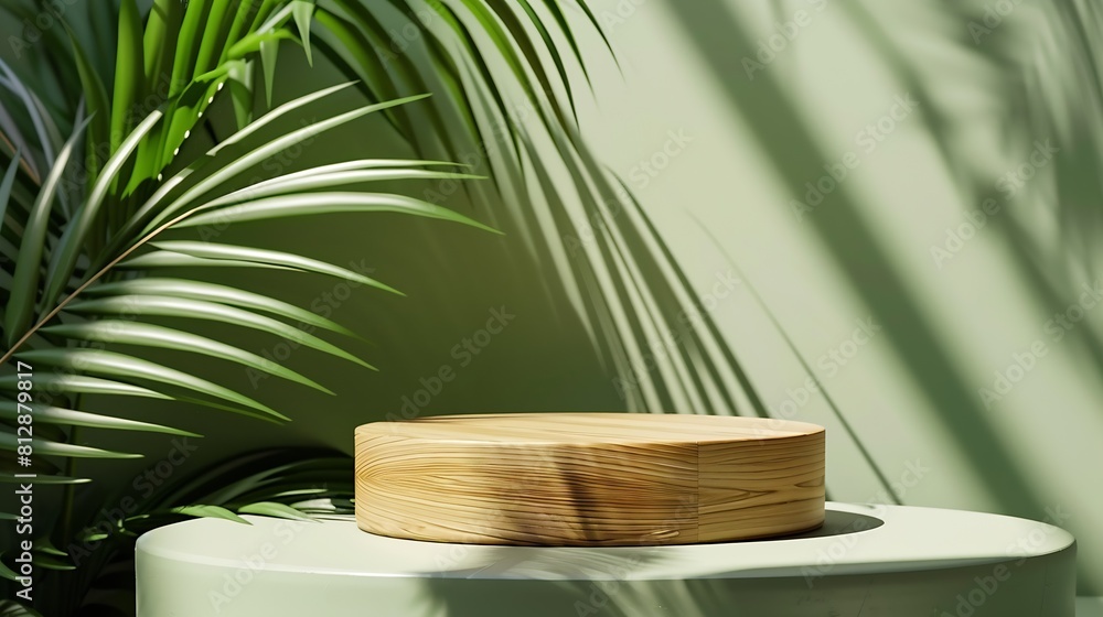 Cosmetics product advertising stand Exhibition wooden podium on green background with palm leaves and shadows Empty pedestal to display product packaging Mockup : Generative AI Cosmetics product advertising stand Exhibition wooden podium on green background with palm leaves and shadows Empty pedestal to display product packaging Mockup : Generative AI