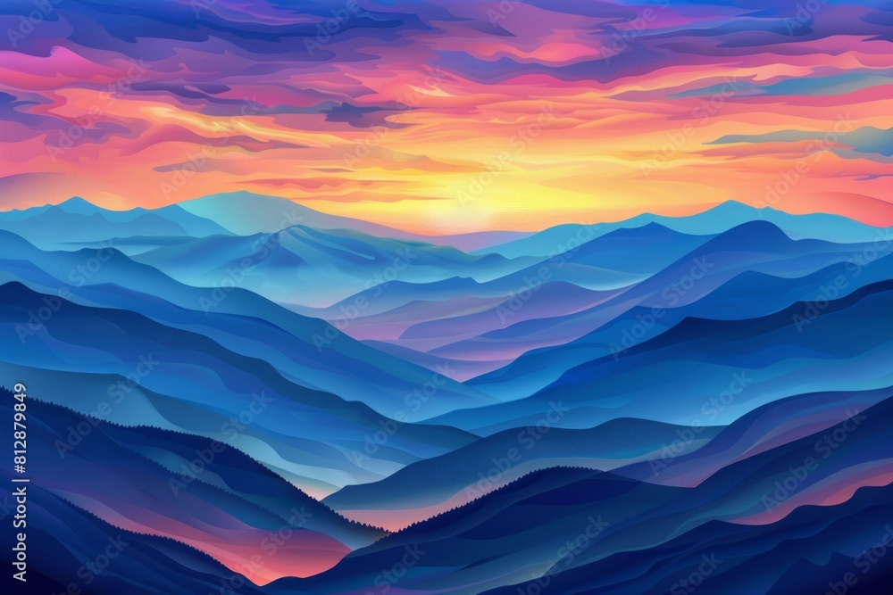 A mountain range with a beautiful sunset in the background