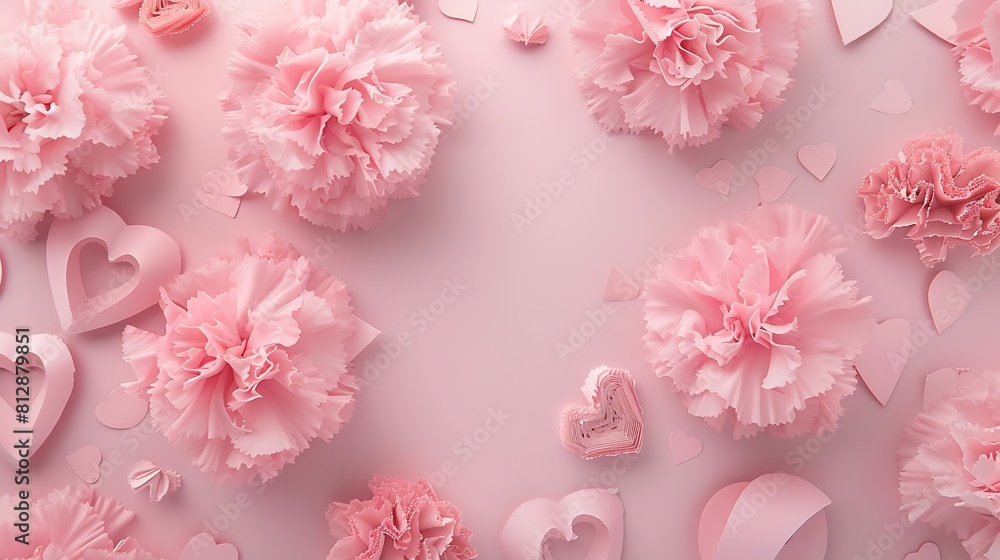 Show your appreciation this Mothers Day with a stunning postcard arrangement featuring pink carnations and heartshaped papers on a pastel pink background : Generative AI Show your appreciation this Mothers Day with a stunning postcard arrangement featuring pink carnations and heartshaped papers on a pastel pink background : Generative AI