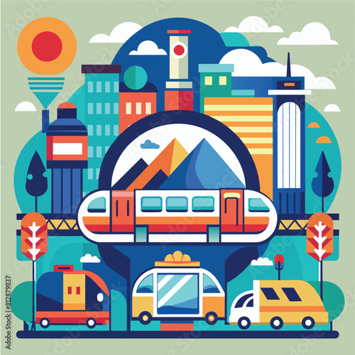 A train navigates through a bustling city area, surrounded by heavy traffic, Bold, simple shapes to represent a public transportation system