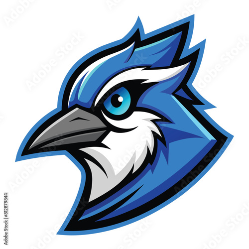 A blue and white bird with striking blue eyes, Blue Jay Head Mascot, Modern Vector Logo Design