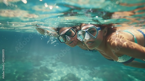 Young women at snorkeling in the tropical water : Generative AI photo