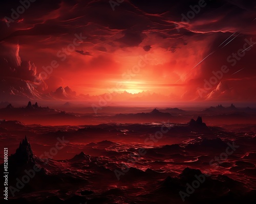 Crimson Horizon A wide panorama of a crimson horizon over a desert, top view, expansive view, Scifi tone, Analogous Color Scheme