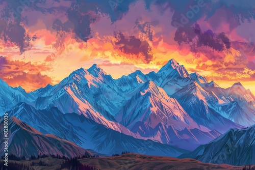 A beautiful mountain range with a sunset in the background