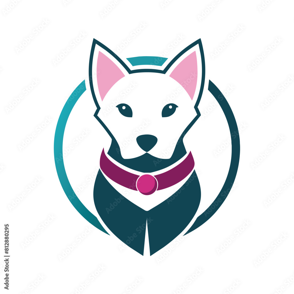 A white dog adorned with a pink collar featuring a blue circle design, Chic logo incorporating a stylized pet collar design, minimalist logo
