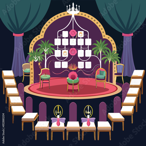 A chic and stylish stage featuring rows of chairs underneath a luxurious chandelier, Chic and stylish seating chart layout for a luxurious wedding reception