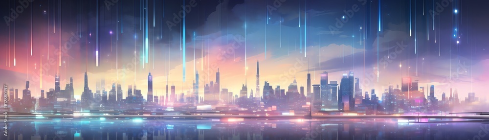 Evening Dream  A dreamlike scene of a cityscape at evening with lights blurring into colors, side view, dreamy evening, technology tone, Tetradic color scheme