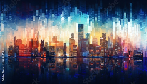 Evening Aura  A vibrant city skyline during evening  top view  urban glow  digital binary as object  vivid