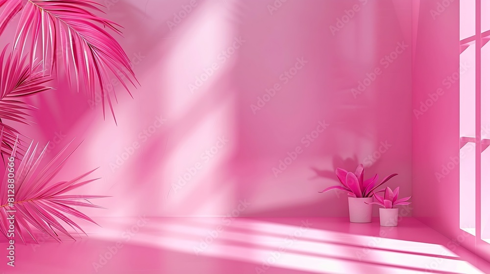 Obraz premium Abstract pink color gradient studio background for product presentation Empty room with shadows of window and flowers and palm leaves 3d room with copy space Summer concert Blurred ba : Generative AI