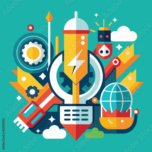 A variety of different objects scattered on a blue background, showcasing a mix of colors and shapes, Clean and modern design reflecting the power of technology