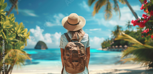 Solo traveler with a backpack enjoying the serene beach view. © Anna