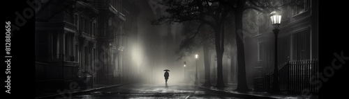 Evening Hush  A quiet street at evening, front view, peaceful solitude, futuristic tone, black and white photo