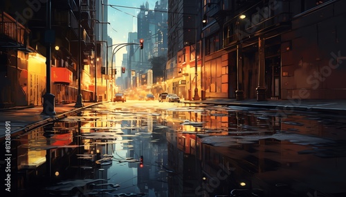 Evening Reflection The reflection of evening lights on wet city streets, side view, reflective streets, cybernetic tone, Tetradic color scheme
