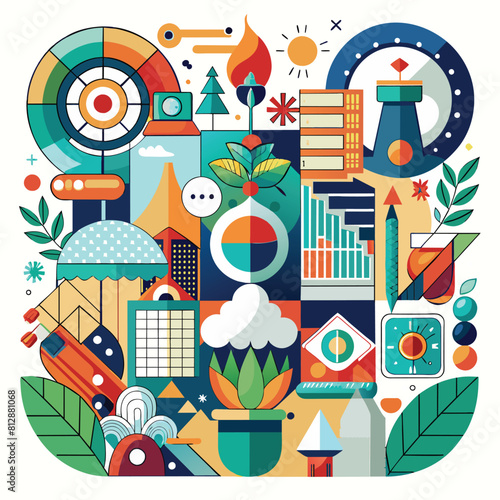 Diverse assortment of vibrant objects in an imaginative and creative illustration, Combining different design elements to create a cohesive and harmonious composition