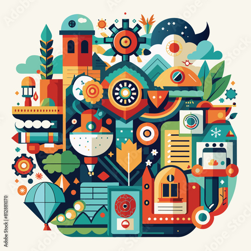 Colorful illustration of a clock surrounded by diverse items, showcasing a mix of designs and colors, Combining different design elements to create a cohesive and harmonious composition