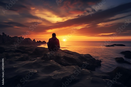 Sunset Solace  A person sitting alone watching the sunset from a rocky cliff, side view, reflective solitude, cybernetic tone, vivid © kamon