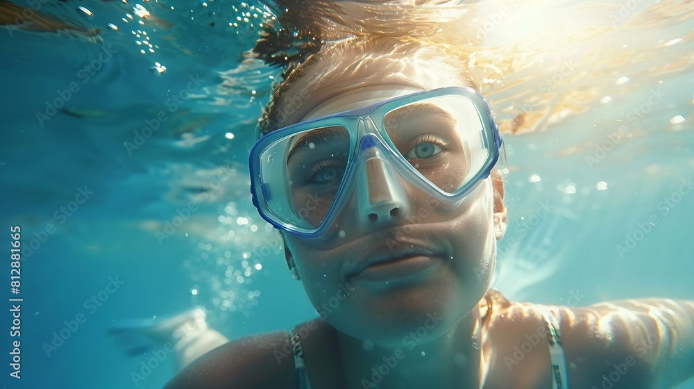 Naklejka premium Underwater shoot of a young lady snorkeling and doing skin diving in a tropical sea : Generative AI
