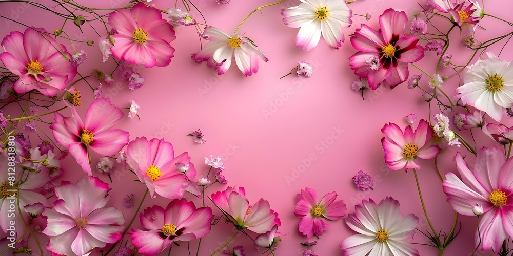 Elegant flat lay composition featuring pink and white flowers on a pink background. Concept Flat Lay Photography, Floral Arrangement, Pink and White Flowers, Elegant Composition, Pink Background Elegant flat lay composition featuring pink and white flowers on a pink background. Concept Flat Lay Photography, Floral Arrangement, Pink and White Flowers, Elegant Composition, Pink Background