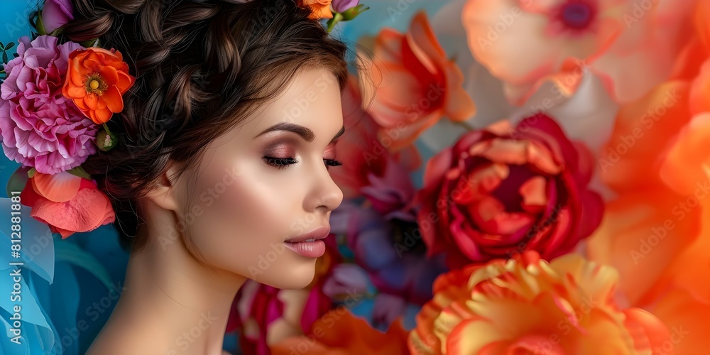 Naklejka premium Woman with Flowers in Her Hair Posing Against an Artistic Background. Concept Portrait Photography, Floral Styling, Creative Backdrops, Feminine Poses, Artistic Compositions
