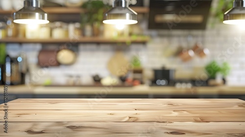 Wood table shelf on blur cooking kitchen backgroundFor montage product display or design key visual layoutKitchen and cooking conceptView of copy space   Generative AI