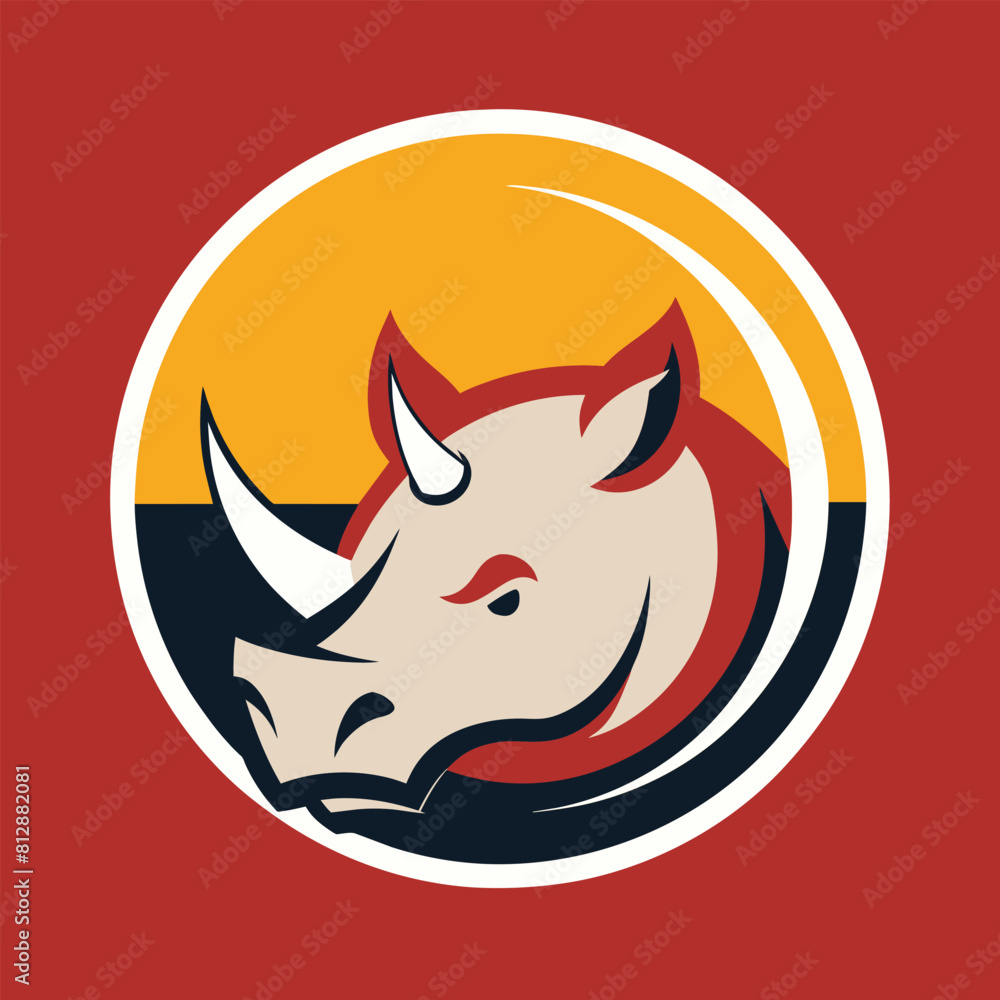 A modern logo featuring a rhino head enclosed in a circle, set against a vibrant red background, Craft a simple, modern logo that captures the essence of a rhinoceros A modern logo featuring a rhino head enclosed in a circle, set against a vibrant red background, Craft a simple, modern logo that captures the essence of a rhinoceros