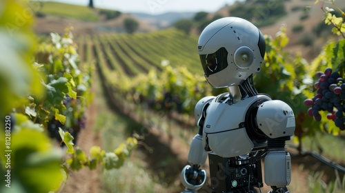 Amidst the serene beauty of a futuristic vineyard, a robotic vintner glides with expert care, tending to grapevines with precision and dedication.