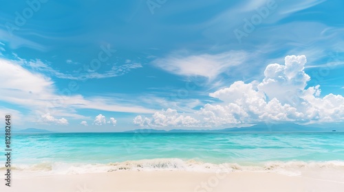 Beautiful beach with white sand turquoise ocean water and blue sky with clouds in sunny day Panoramic view Natural background for summer vacation   Generative AI