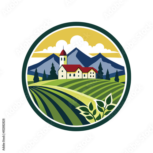 A farm with crops and barns set against a backdrop of towering mountains under a clear sky, Create a logo for a vineyard resort that embodies sophistication and simplicity