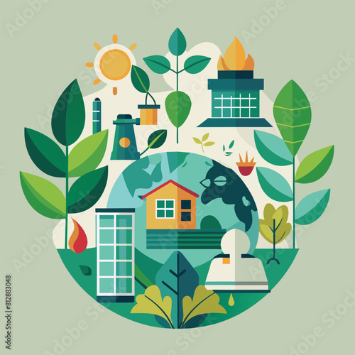 A green earth is surrounded by a variety of plants and other natural elements, Create a minimalist design that encourages a greener way of living