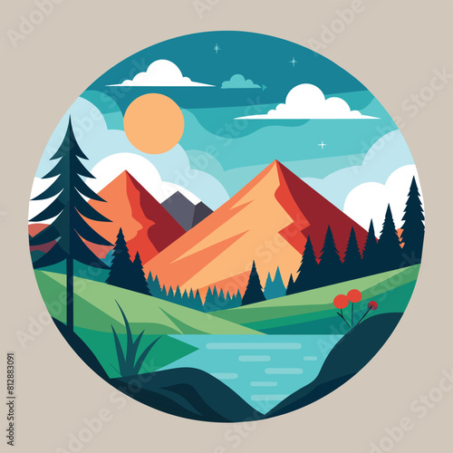A towering mountain stands tall overlooking a serene lake in the valley below, Create a minimalist design that reflects the beauty of nature
