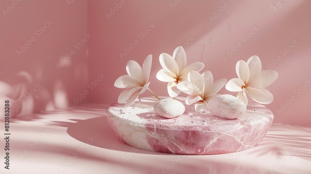 Background for cosmetic products of natural pink color Stone podium with white flowers Front view : Generative AI