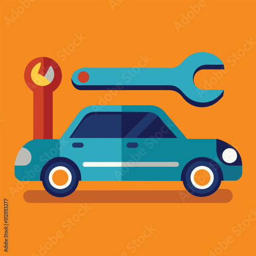A blue car with a wrench placed on top of it, showcasing automotive maintenance, Create a minimalist image representing automotive maintenance