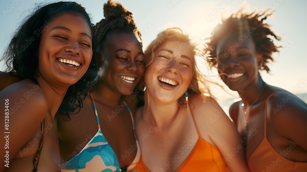 Happy multiracial women with different bodies and skins having fun in summer day on the beach Focus on curvy girl face : Generative AI Happy multiracial women with different bodies and skins having fun in summer day on the beach Focus on curvy girl face : Generative AI
