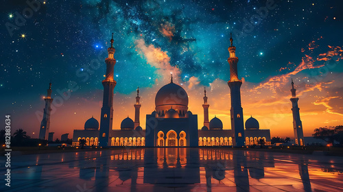 scenery of a mosque at night with beautiful starry sky photo