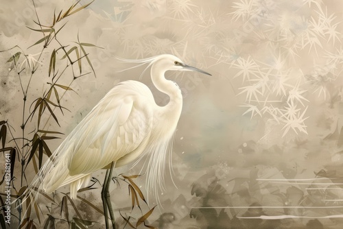 Majestic white egret stands amidst ethereal foliage backdrop, exuding tranquility photo