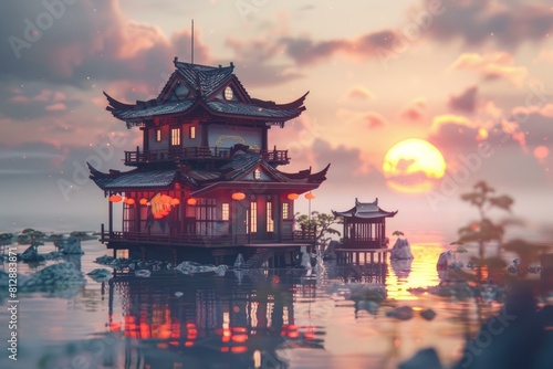 Tranquil scene with a traditional asian pagoda house amidst a calm body of water under a golden sunset