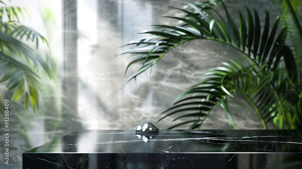 Empty black marble table and tropical plant behind textured glass panel Home interior showroom background Luxury tabletop counter product placement montage : Generative AI Empty black marble table and tropical plant behind textured glass panel Home interior showroom background Luxury tabletop counter product placement montage : Generative AI