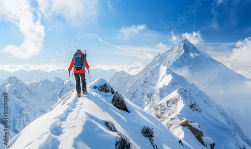 A mountaineer overcoming snowdrifts on the peaks, an amazing winter expedition deep into the mountain spaces. © Sawyer0