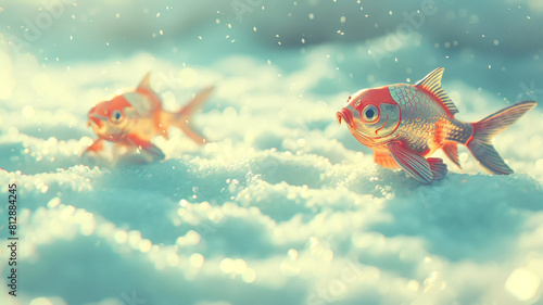 Two goldfish are swimming in the snow