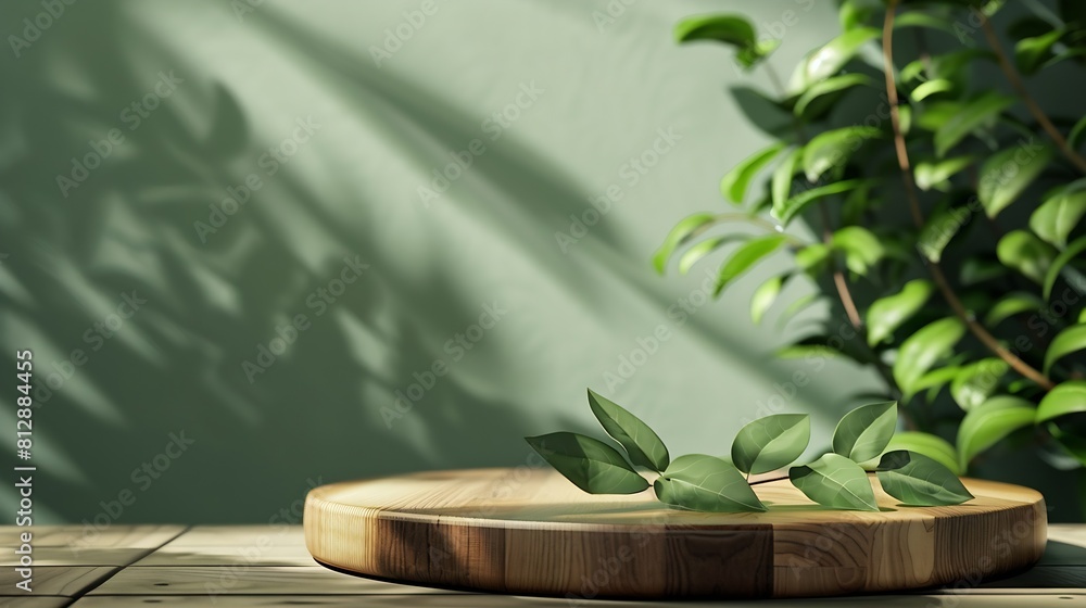 Wood product display podium with nature green leaves for presentation design : Generative AI Wood product display podium with nature green leaves for presentation design : Generative AI