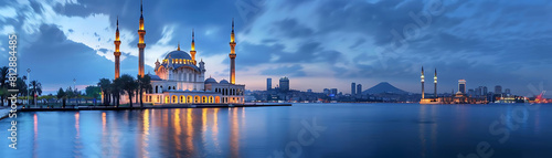 scenery of mosque at night with calm water in the background