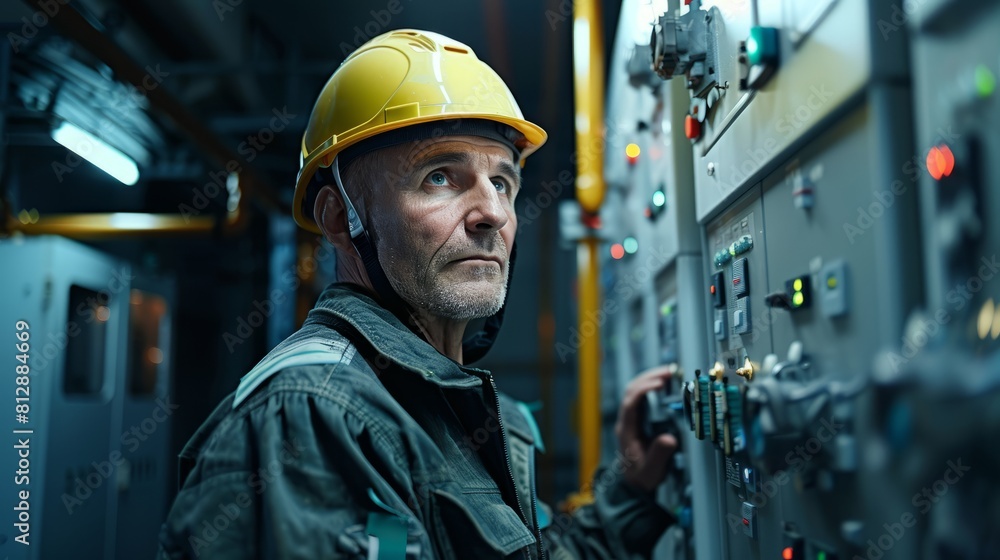 Portrait of a man in a helmet and work clothes standing in a power supply station, repair and adjustment by an electrician of an electrical panel hyper realistic Portrait of a man in a helmet and work clothes standing in a power supply station, repair and adjustment by an electrician of an electrical panel hyper realistic