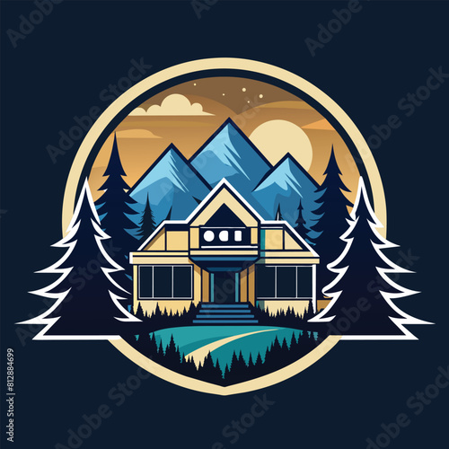 A house stands against a backdrop of mountains in the distance, Create a sleek and stylish logo for a boutique resort nestled in the forest