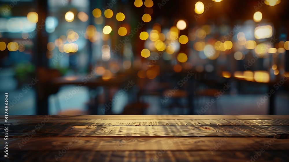Empty dark wooden table in front of restaurant abstract blurred bokeh background can be used to demonstrate or mount your products Layout for space : Generative AI Empty dark wooden table in front of restaurant abstract blurred bokeh background can be used to demonstrate or mount your products Layout for space : Generative AI