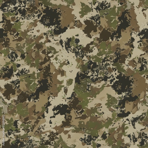 A camouflage pattern in shades of green, brown, and beige.
