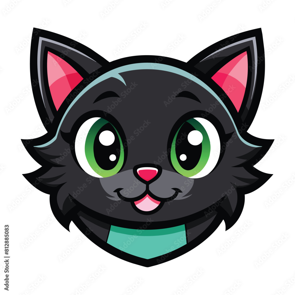 A cute black cat with vibrant green eyes and a matching green collar, Cute Black Cat Head Logo Mascot, Illustration Vector A cute black cat with vibrant green eyes and a matching green collar, Cute Black Cat Head Logo Mascot, Illustration Vector