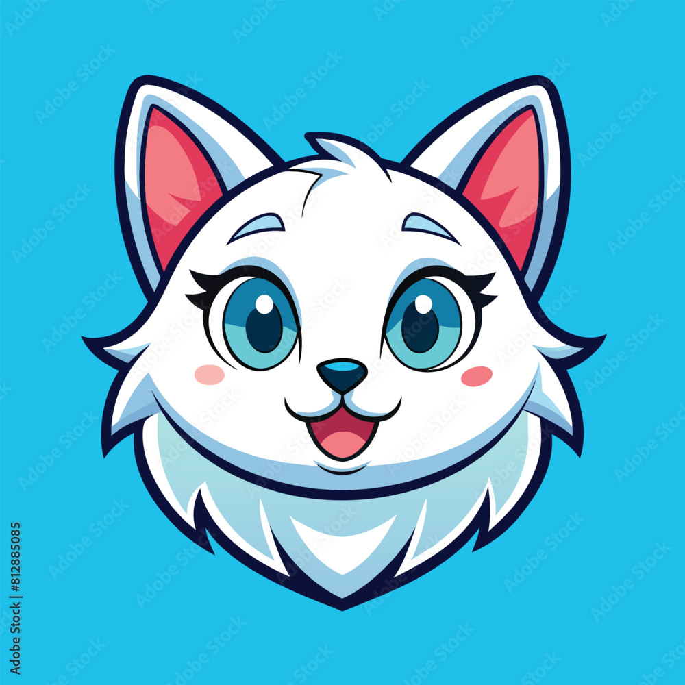 A cute white cat with vivid blue eyes and a pink nose, Cute White Cat Head Logo Mascot A cute white cat with vivid blue eyes and a pink nose, Cute White Cat Head Logo Mascot