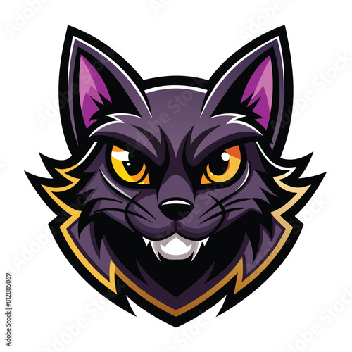 Headshot of a cute black cat with striking yellow eyes, Cute Black Cat Head Logo Mascot
